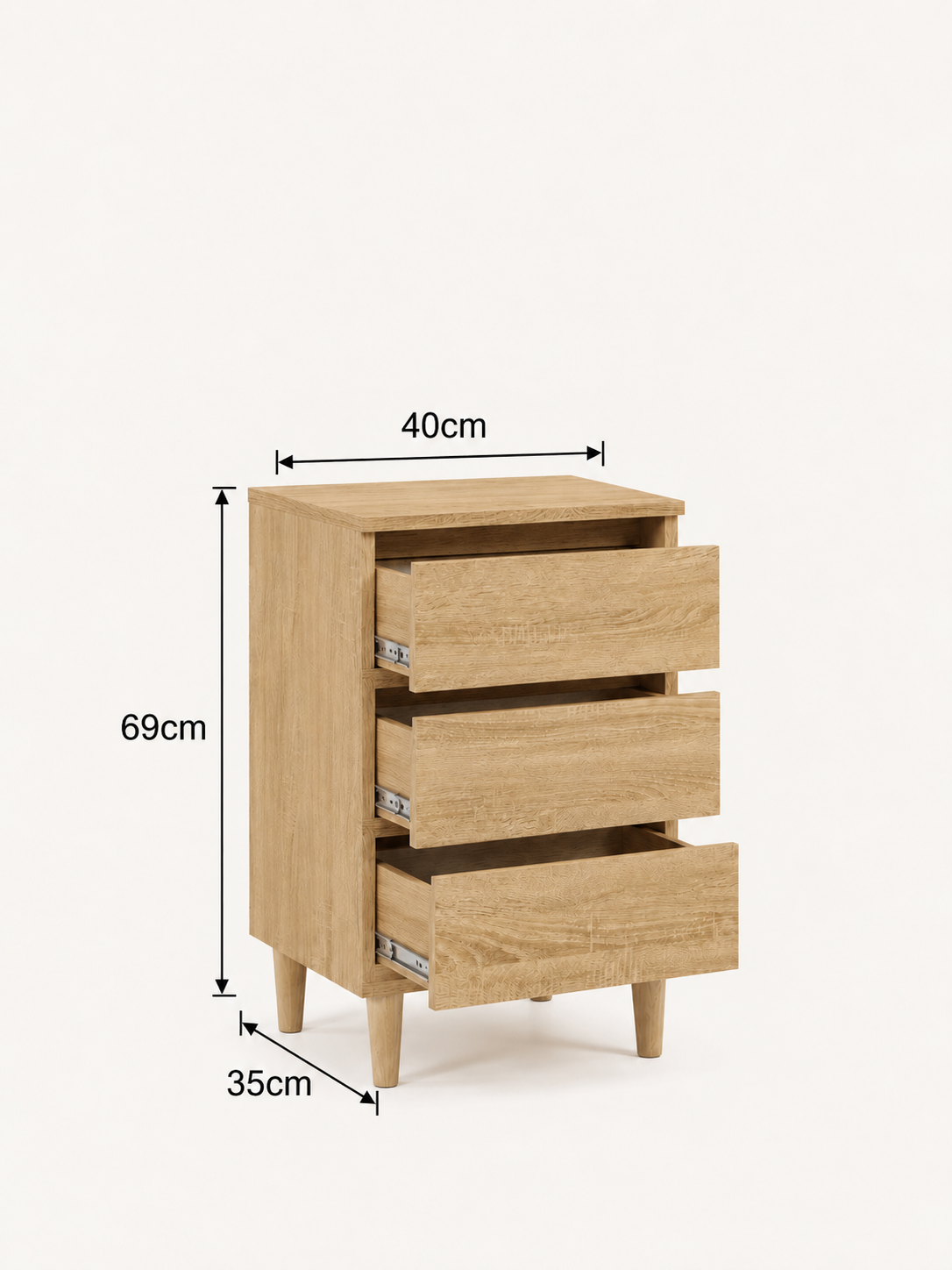 Table de Chevet Torvi – Scandinave, Pieds Eucalyptus, 3 Tiroirs 40x35x69 cm